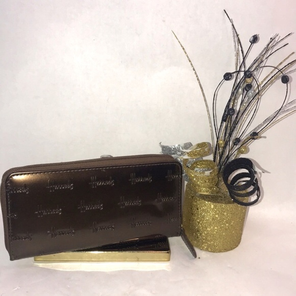 EUC Harrods Brown Patent Leather Zip Around Wallet